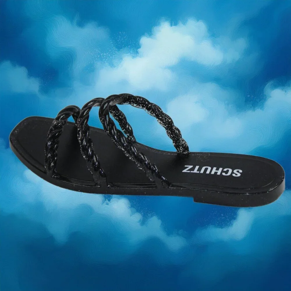 Schutz Diana Braided Black Gray Glitter Slip-On Slide Sandals, US Size 4-5
